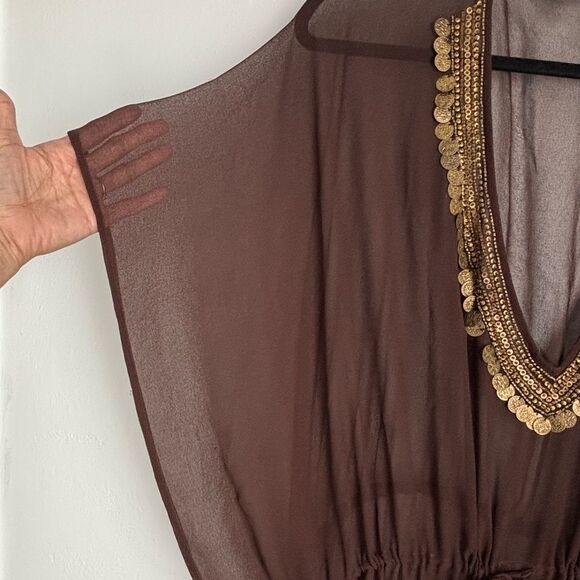 Vintage Women’s 2X Sheer Brown Caftan‎ Cover-Up Tunic Top Gold Embellished Trim - Picture 12 of 14